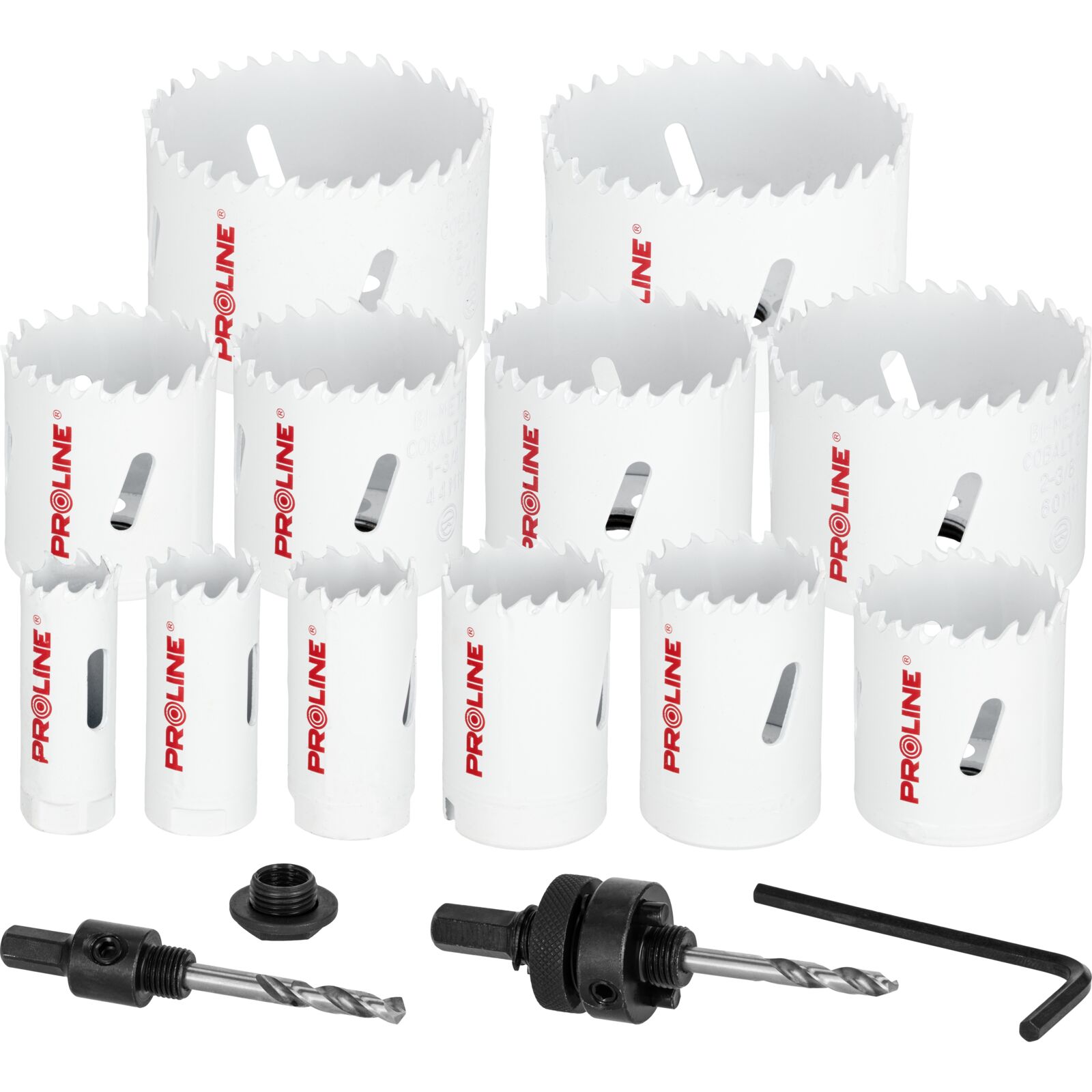 PROLINE TOOLS Hålsågsset bi-metall 11 delar 19-68 mm, HSS M42 med 8% kobolt, 38 mm borrdjup, 4/6 TPI, adaptrar, pilotborr, plastlåda, Proline - 3