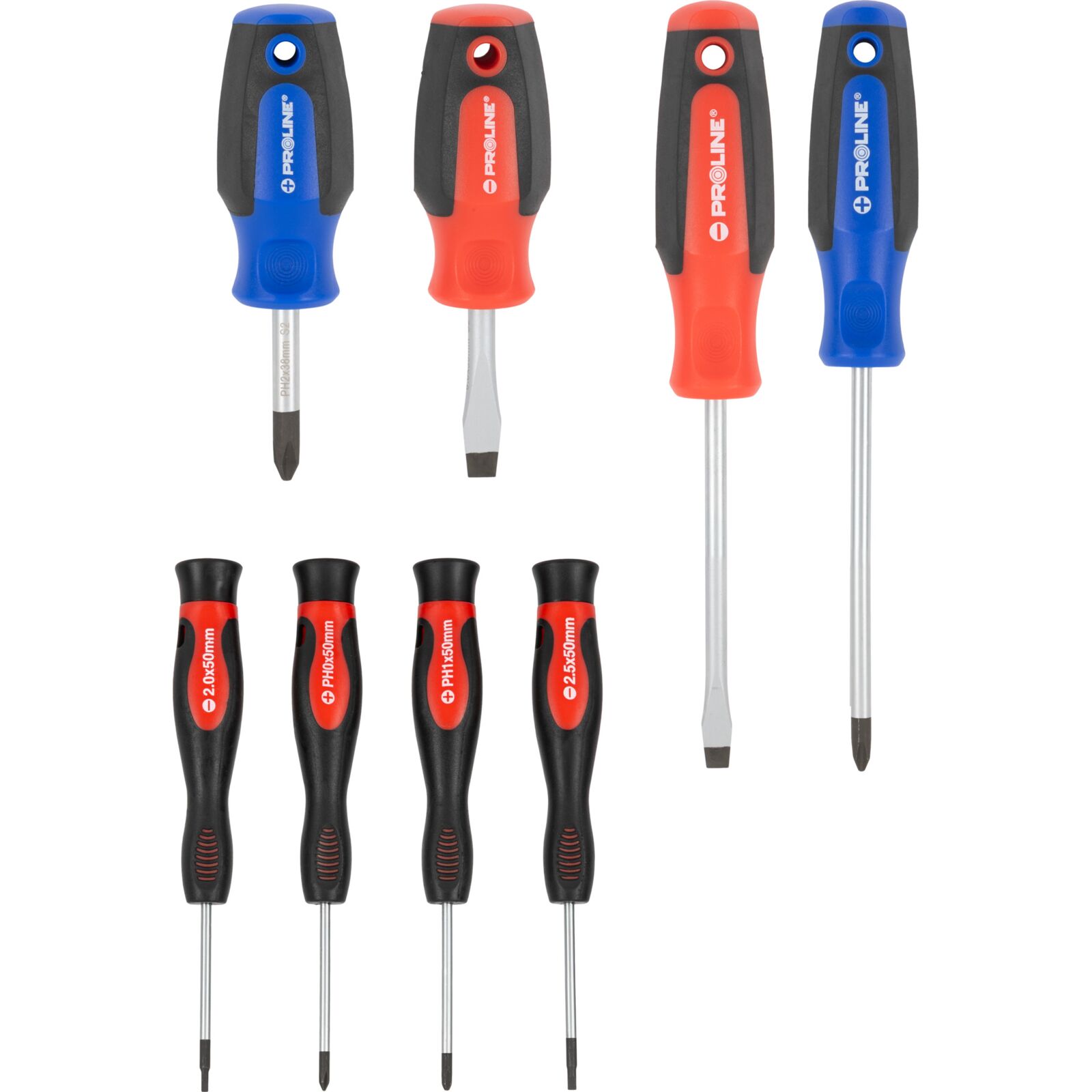 PROLINE TOOLS Skruvmejselsats 8 Delar, S2 Stål HRC 59, Magnetisk, Ergonomiskt Soft-Touch, Proline
