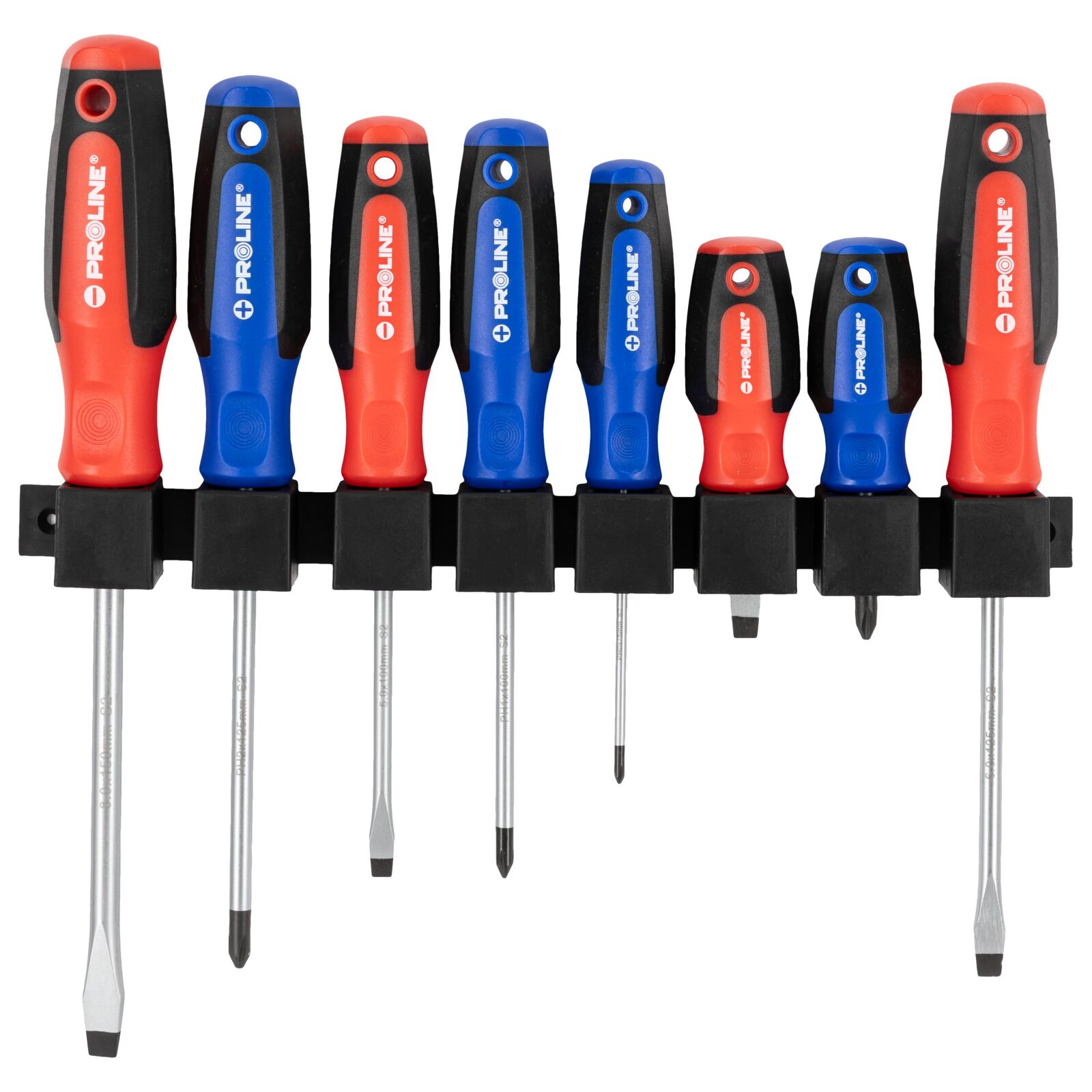 PROLINE TOOLS Skruvmejselsats 8 Delar, S2 Stål HRC 59, Ergonomisk Soft-Touch, Magnetisk, Slitsad och Phillips, Proline