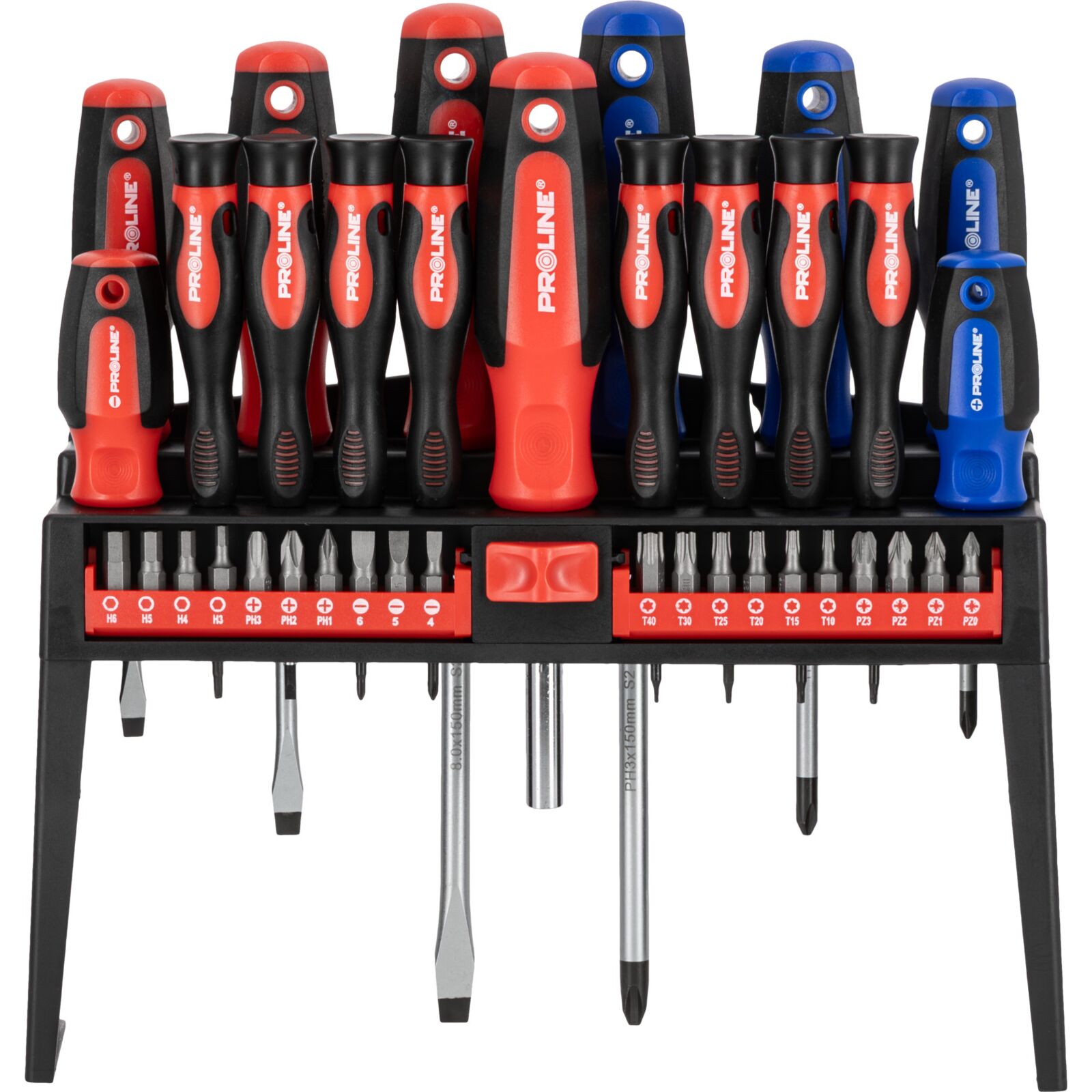 PROLINE TOOLS Skruvmejselset 37 delar, S2 stål, HRC 59±2, magnetisk spets, ergonomiskt soft-touch handtag, ställ, Proline