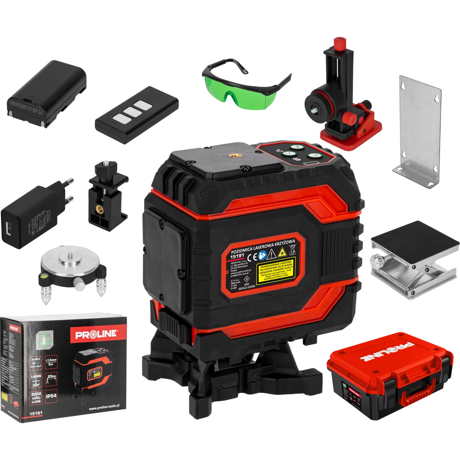 PROLINE TOOLS Laservattenpass 360° grönt korslaserkit 2D självinställande, 2 strålar, l=25m, ±1.5 mm/5m, IP54, Li-Ion 3000mAh, 5/8 och 1/4 stativgänga, Proline - 2