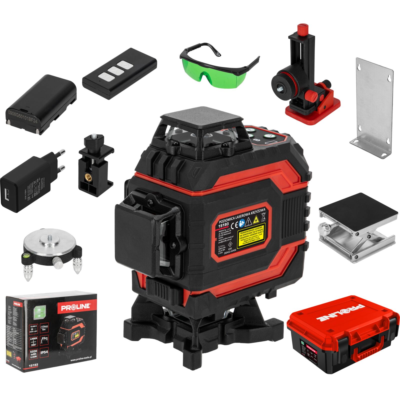 PROLINE TOOLS Laservattenpass 360° grönt korslaserkit 4D självinställande, 4 strålar, ±1.5 mm / 5 m noggrannhet, IP54 skydd, 25 m arbetsområde, Li-Ion 5200 mAh batteri, 5/8 och 1/4 stativgänga, Proline - 2