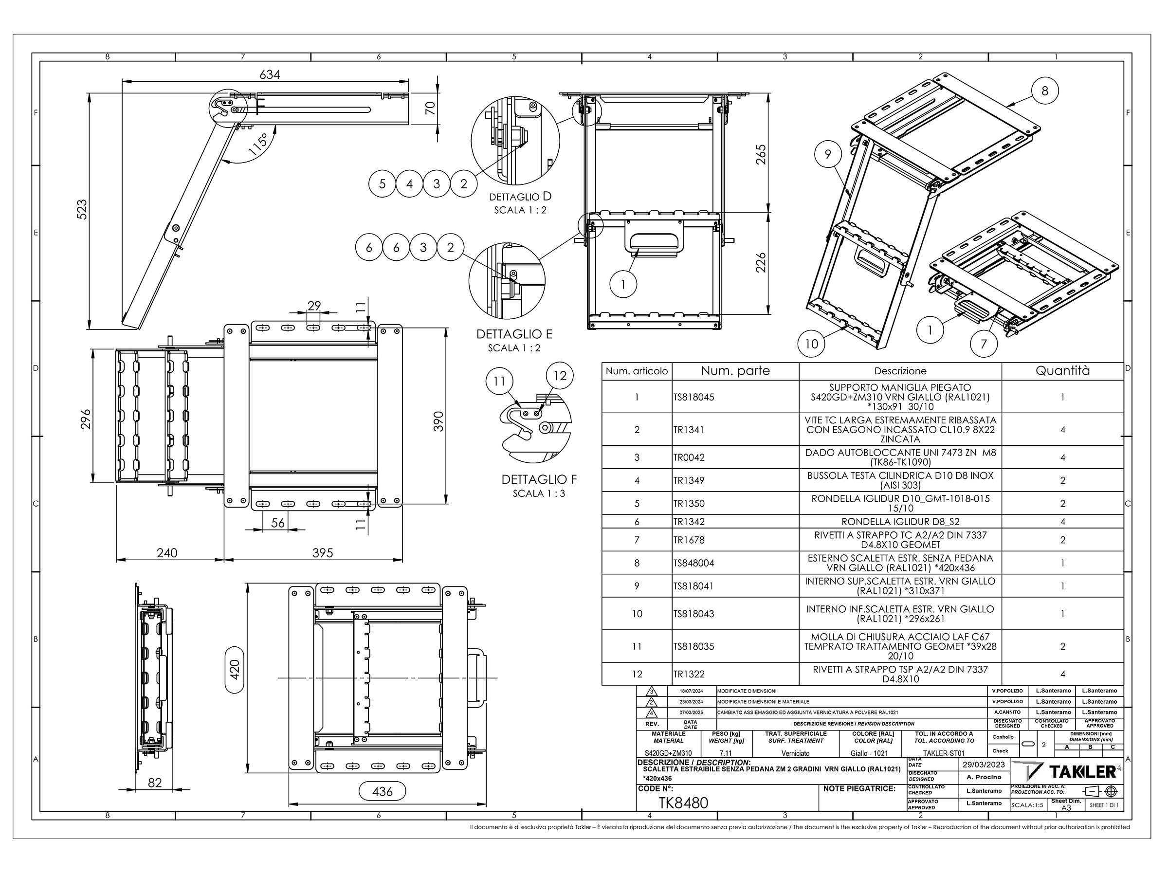 Stege, gul, 2-stegs utan plattform 443x450x75 mm