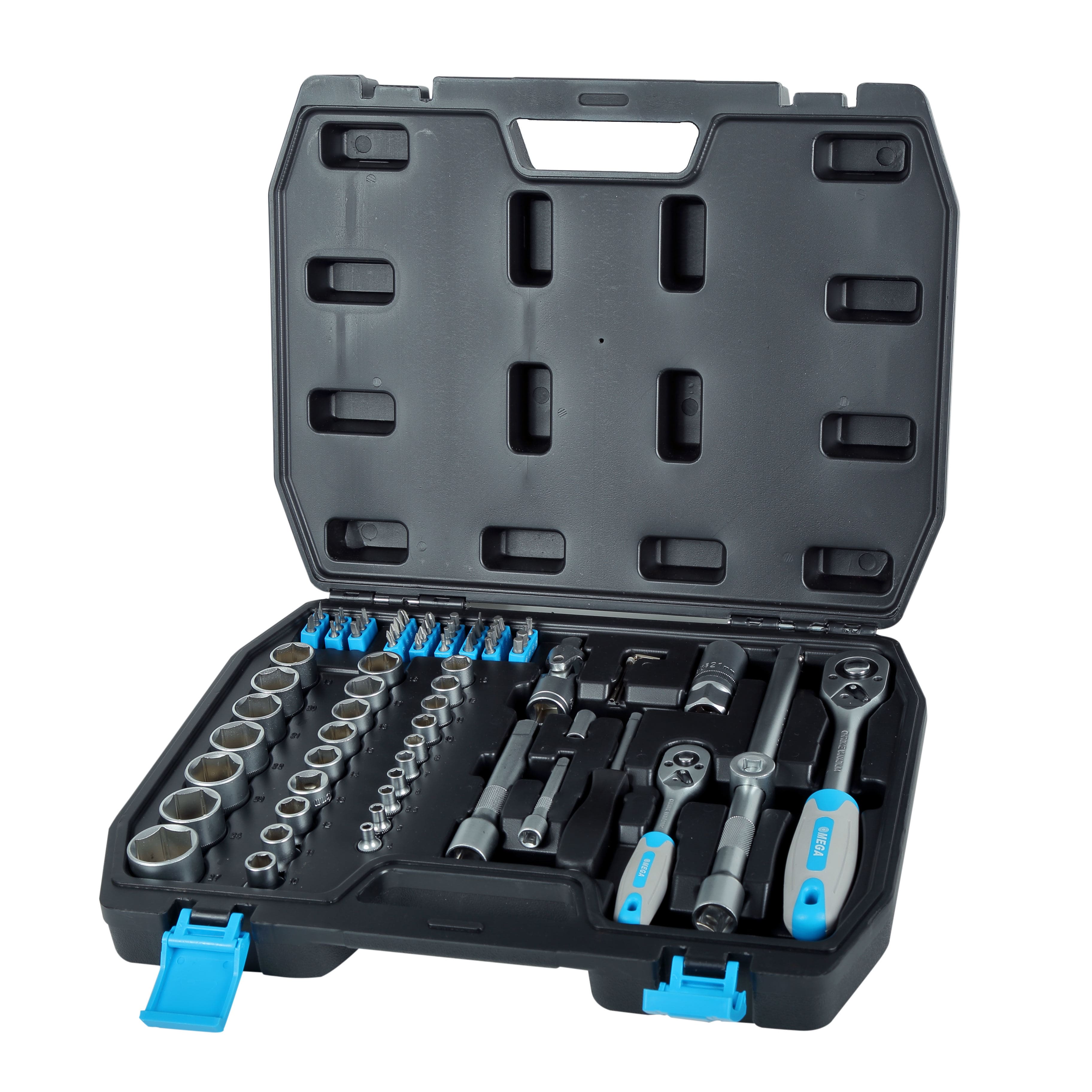 Mega Hylsnyckelsats 72st 1/2, 1/4, hylsor 4-27 mm, 2 spärrhandtag, bits m.m.