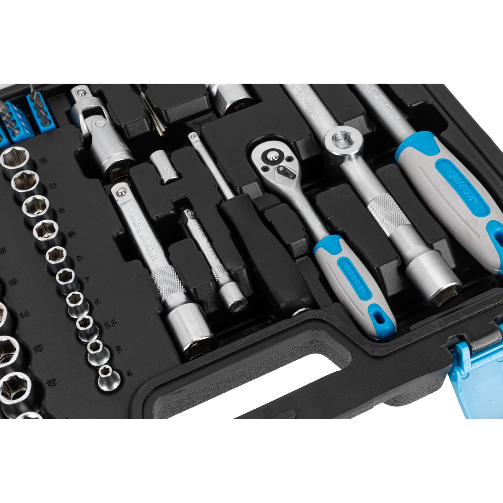 Mega Hylsnyckelsats 72st 1/2, 1/4, hylsor 4-27 mm, 2 spärrhandtag, bits m.m. - 6