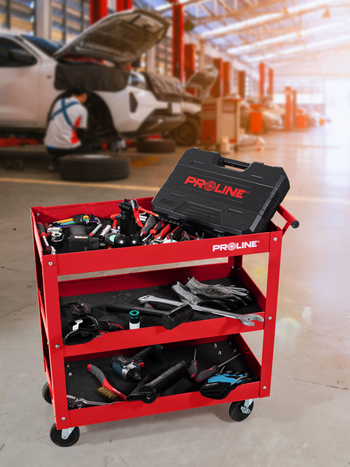 PROLINE TOOLS Verktygsvagn 3 hyllor 200 kg, Stål 2 mm, Gummimattor, Broms, 73 x 38 x 76 cm, Proline - 3