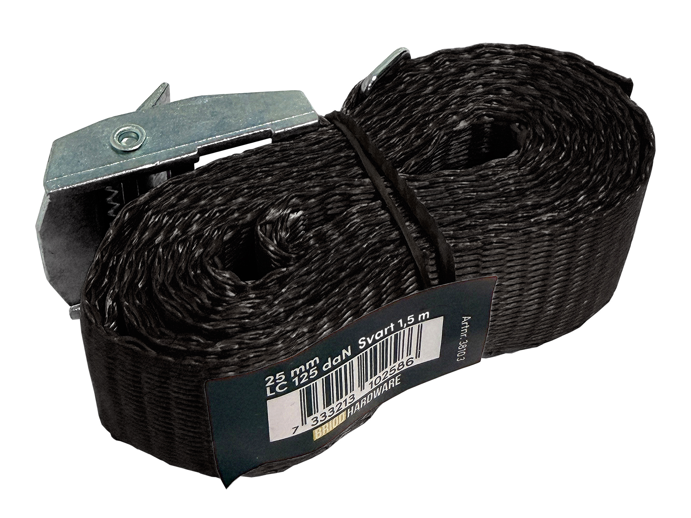 Spännband 25 mm, 1,5 m svart LC: 125 daN Briod Hardware