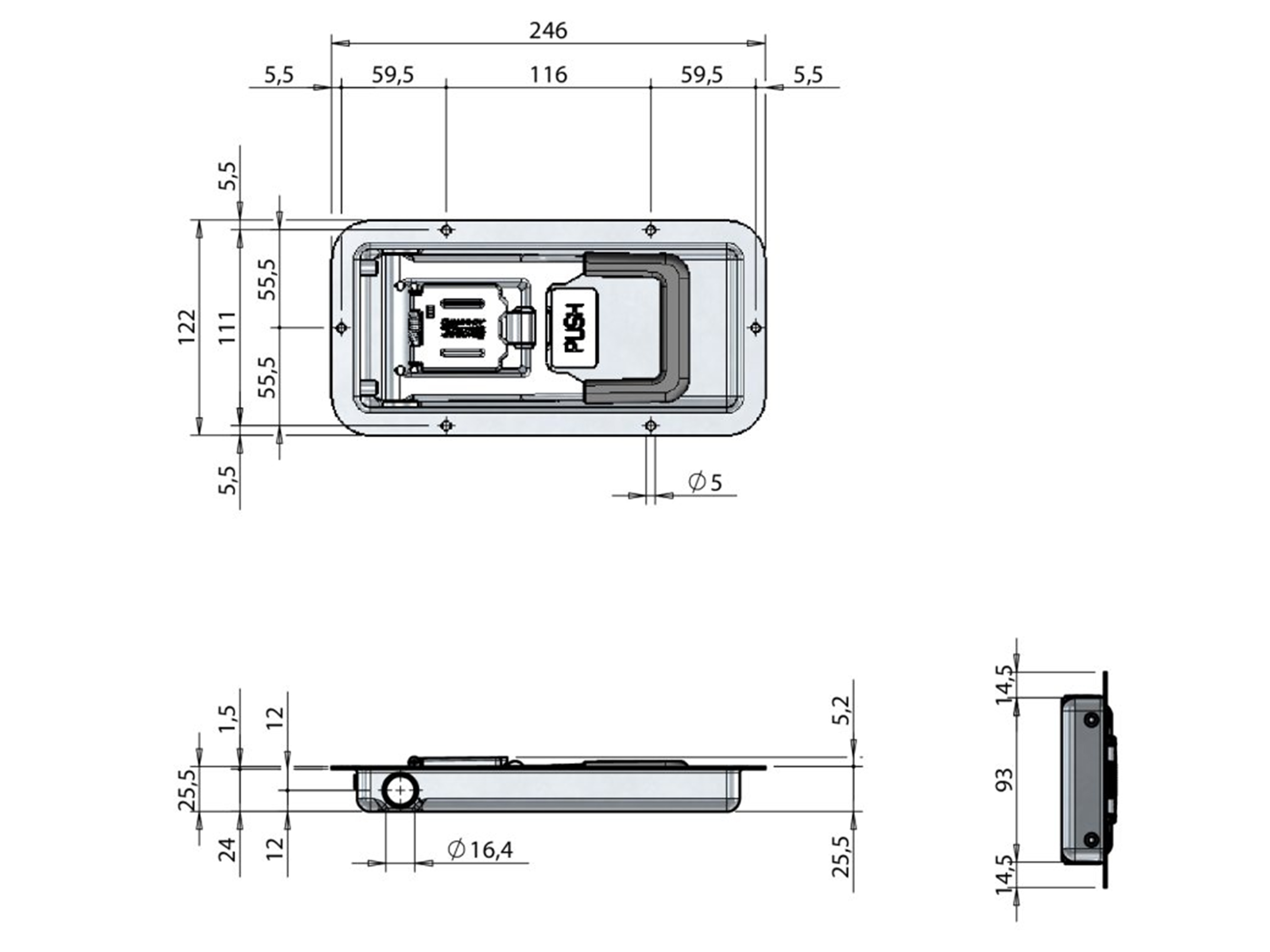 Stånglås 16 mm MINI-PUSH, infällt 25,5 mm djup - 2