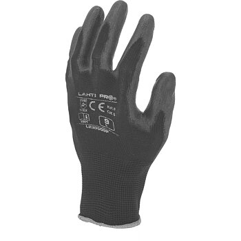 LahtiPro Arbetshandskar 12 par, polyuretan, svart-gråa, klass 2, CE, LAHTI (Handskestorlek : 8 [M] Handlängd 18,2cm Omkrets 20,3cm)