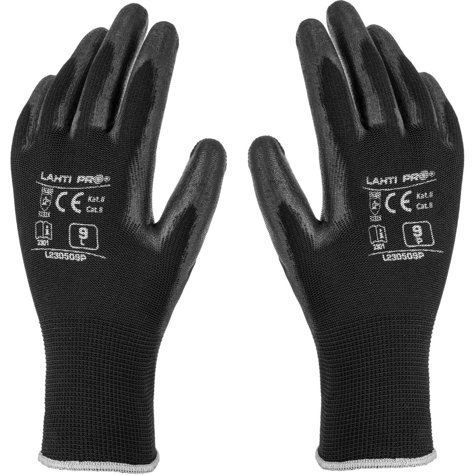 LahtiPro Arbetshandskar 12 par, polyuretan, svart-gråa, klass 2, CE, LAHTI (Handskestorlek : 8 [M] Handlängd 18,2cm Omkrets 20,3cm)