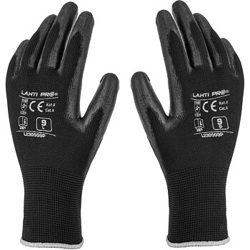 LahtiPro Arbetshandskar 12 par, polyuretan, svart-gråa, klass 2, CE, LAHTI (Handskestorlek : 9 [L] Handlängd 19,2cm Omkrets 22,9cm)