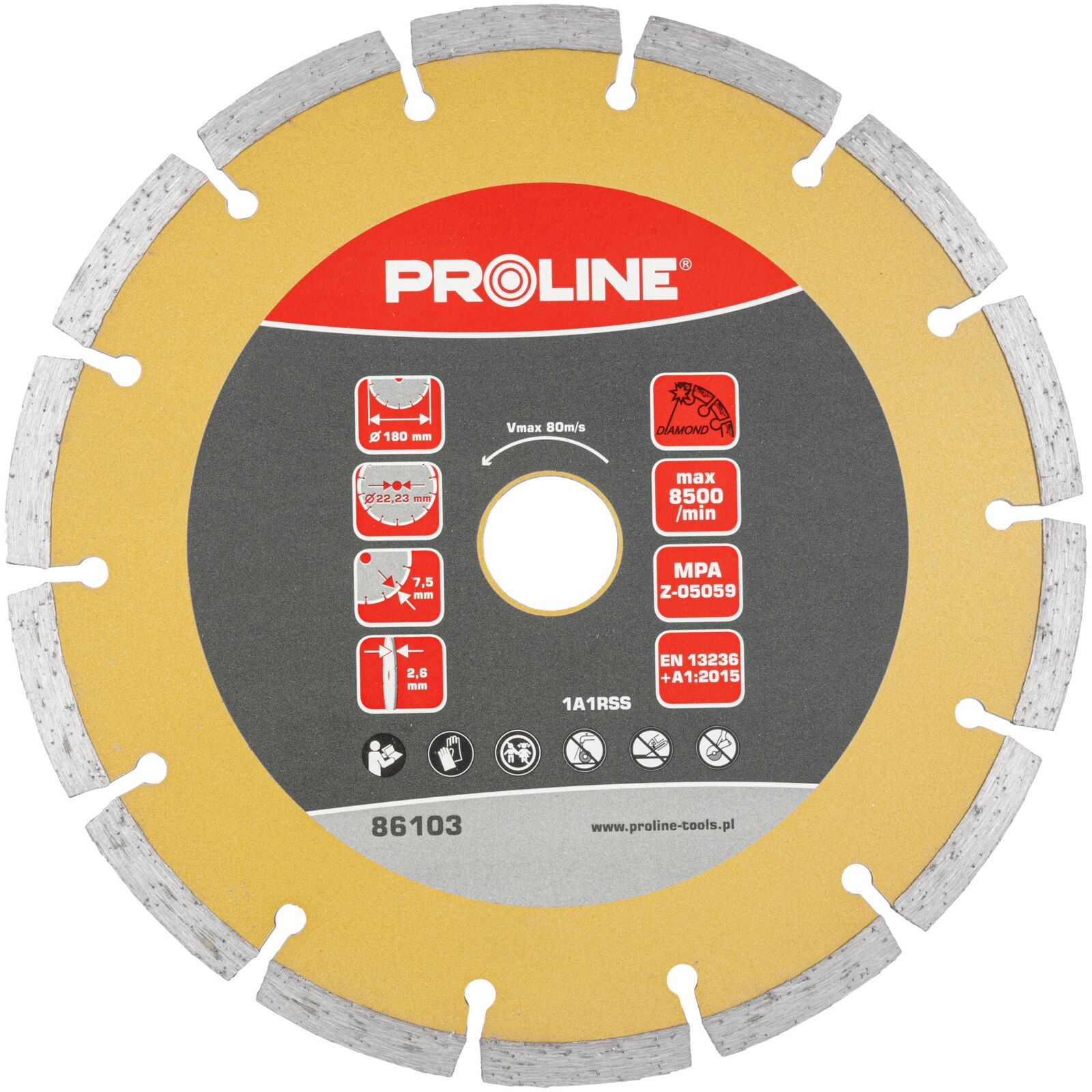 PROLINE TOOLS Segmenterad Diamantskiva 180 mm, Tjocklek 2.6 mm, Hål 22.23 mm, Proline