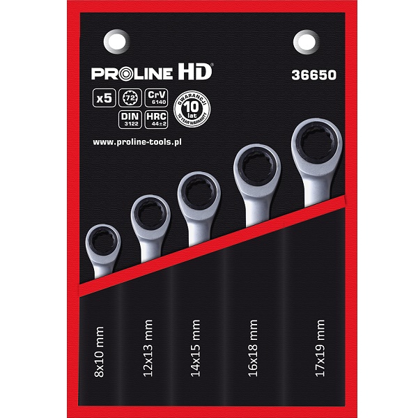 PROLINE TOOLS HD Ringnyckelsats med Spärr 5 Delar 8-19 mm CRV, PROLINE HD