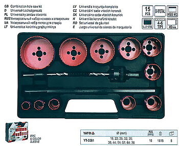 Hålsågsats universal, hålsåg 19-76 mm, 2 centrumborr, 15 delar, YATO