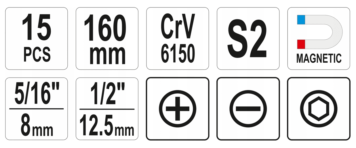 Yato Kraftbits med magnetiskt handtag 160 mm, sats 15 delar i metallbox - 2