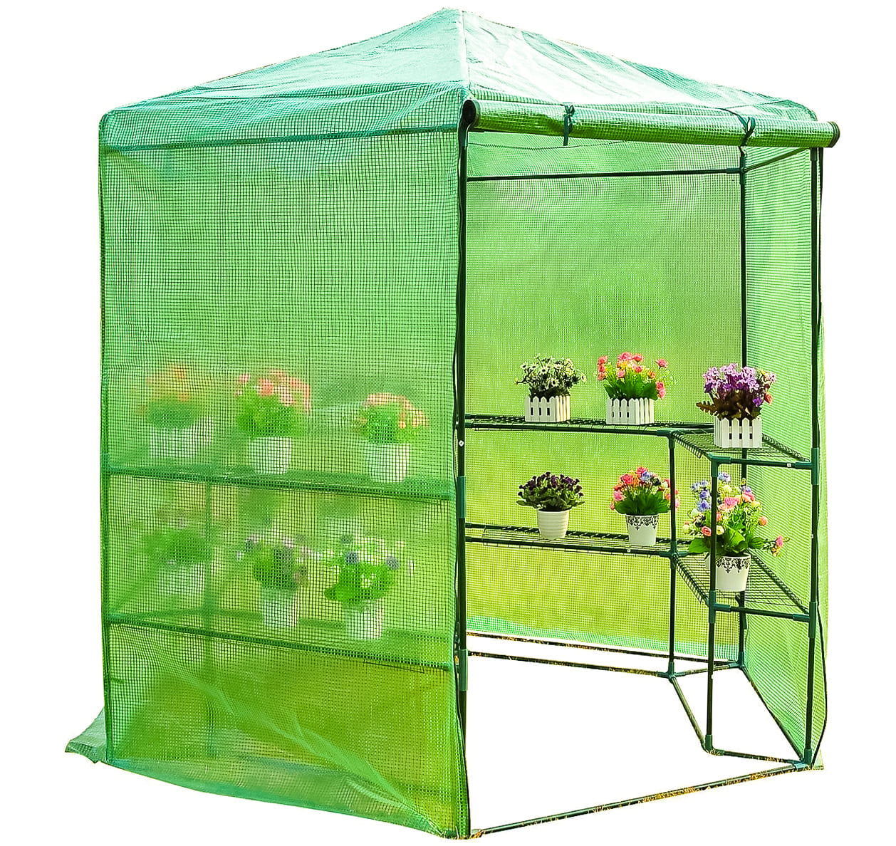 Plastväxthus med hyllor, snygg rund kompaktmodell (sexkantig) diam. 193 cm, höjd 225 cm grön transparent (odlingstält, växthustält) - 4