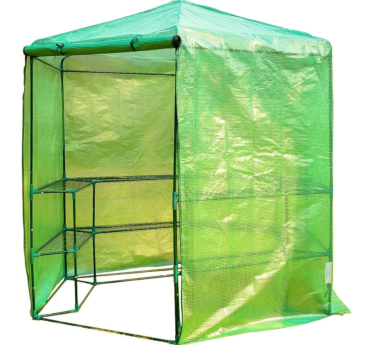 Plastväxthus med hyllor, snygg rund kompaktmodell (sexkantig) diam. 193 cm, höjd 225 cm grön transparent (odlingstält, växthustält) - 5