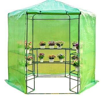 Plastväxthus med hyllor, snygg rund kompaktmodell (sexkantig) diam. 193 cm, höjd 225 cm grön transparent (odlingstält, växthustält)