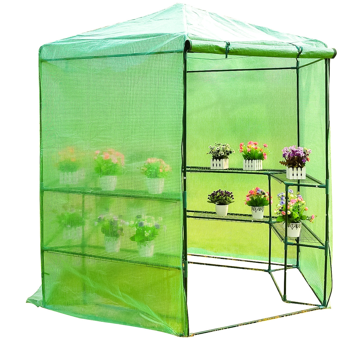 Plastväxthus med hyllor, snygg rund kompaktmodell (sexkantig) diam. 193 cm, höjd 225 cm grön transparent (odlingstält, växthustält) - 7