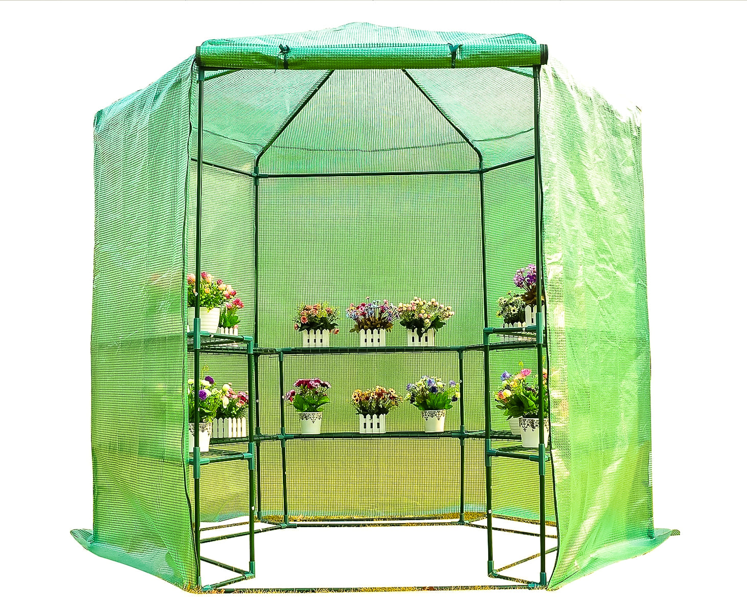 Plastväxthus med hyllor, snygg rund kompaktmodell (sexkantig) diam. 193 cm, höjd 225 cm grön transparent (odlingstält, växthustält) - 2