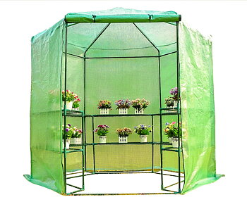 Plastväxthus med hyllor, snygg rund kompaktmodell (sexkantig) diam. 193 cm, höjd 225 cm grön transparent (odlingstält, växthustält)