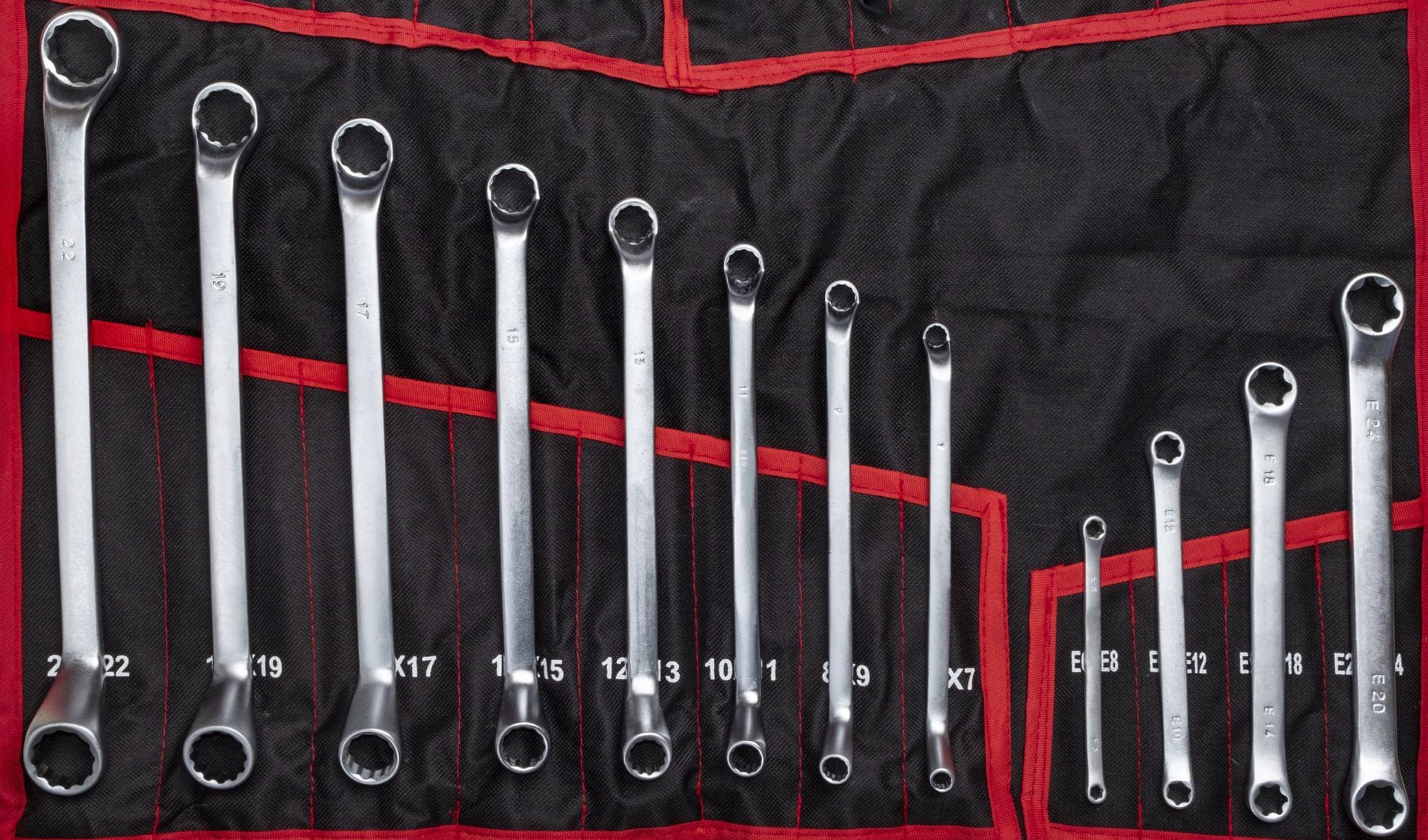 Nyckelsats 47 delar - kombinycklar, TORX, bromsnycklar, CRV stål, för professionell bruk, tygetui med fickor - 9