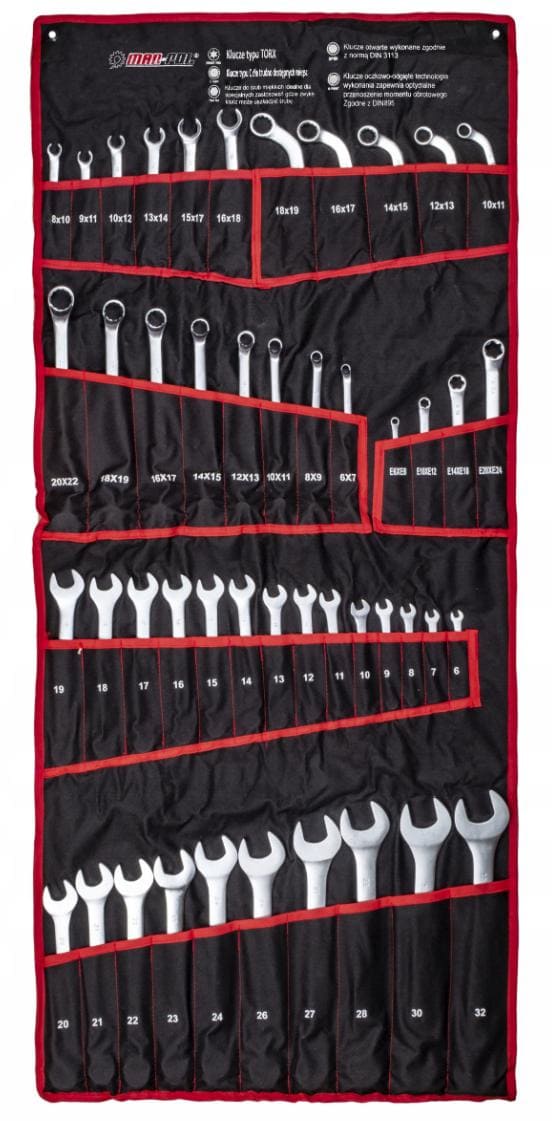 Nyckelsats 47 delar - kombinycklar, TORX, bromsnycklar, CRV stål, för professionell bruk, tygetui med fickor - 7