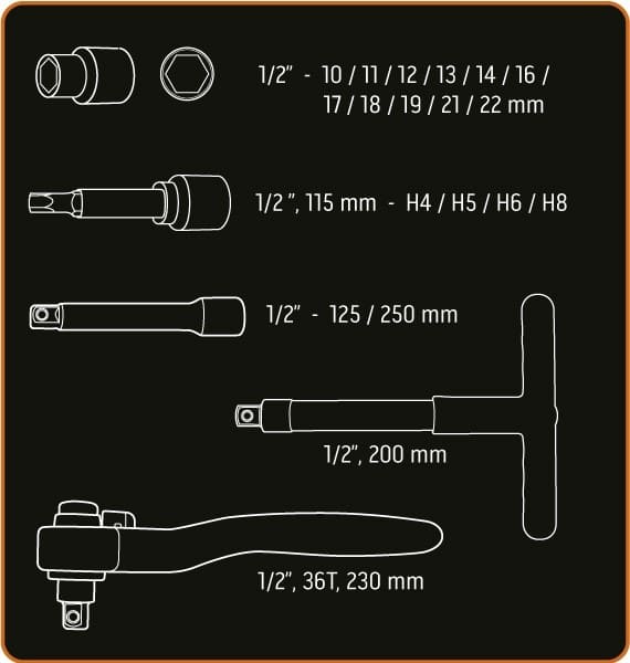 Neo Tools Hylssats 1/21000V 10-21 mm, sats 19 delar inkl. sexkantsnycklar, spärrskaft, T-handtag m.m. TENG Tools - 2