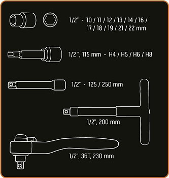 Neo Tools Hylssats 1/21000V 10-21 mm, sats 19 delar inkl. sexkantsnycklar, spärrskaft, T-handtag m.m. TENG Tools