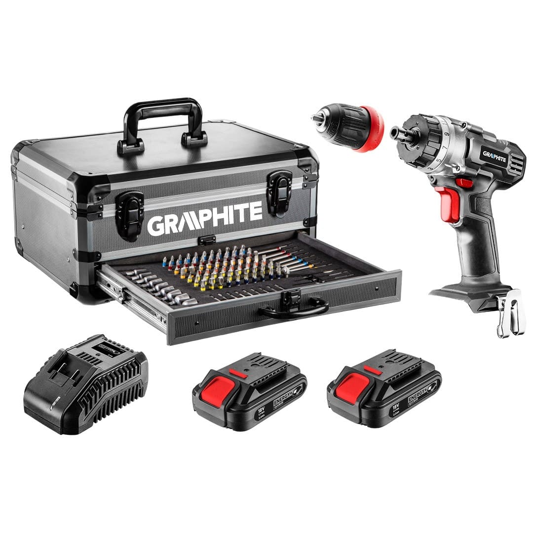 Skruvdragare, borrmaskin 2st Li-Ion 18V 2Ah batterier, sladdlös inkl. 109 tillbehör, 1250rpm, Graphite