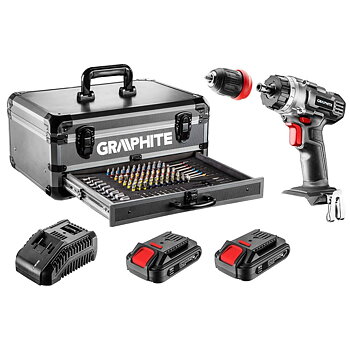 Skruvdragare, borrmaskin 2st Li-Ion 18V 2Ah batterier, sladdlös inkl. 109 tillbehör, 1250rpm, Graphite