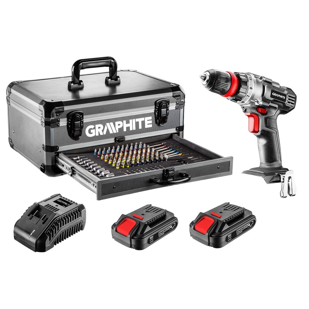 Skruvdragare, borrmaskin 2st Li-Ion 18V 2Ah batterier, sladdlös inkl. 109 tillbehör, 1250rpm, Graphite - 2