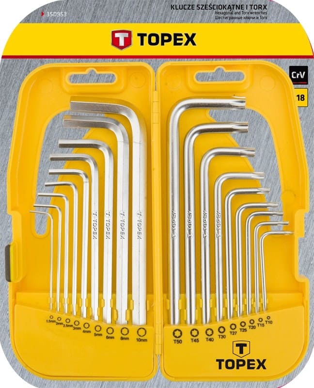 Insexnycklar långa TORX och sexkant, sats 18st, T10-T50, 1-10 mm, CrV, TOPEX - 2