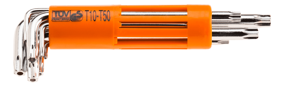Insexnycklar TORX sexkant långa med hål, l-nycklar, sats 9 st. T10 - T50, S2, NEO Tools