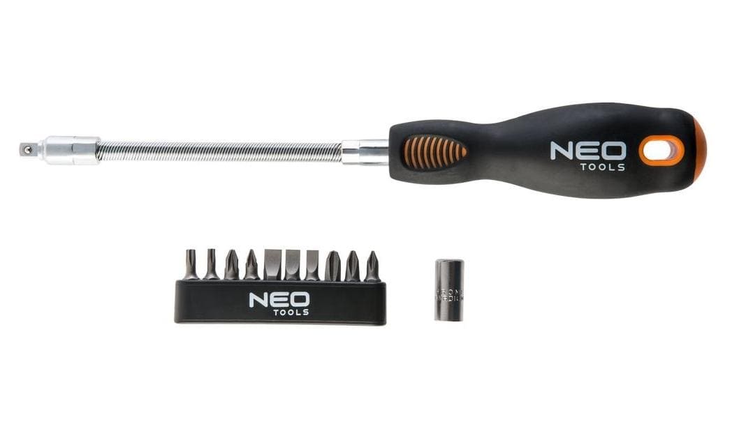 Böjbar skruvmejsel med 10 bits, platta, stjärn, TORX, PZ, magnetiska bits, ergonomiskt grepp, CrMo, NEO Tools