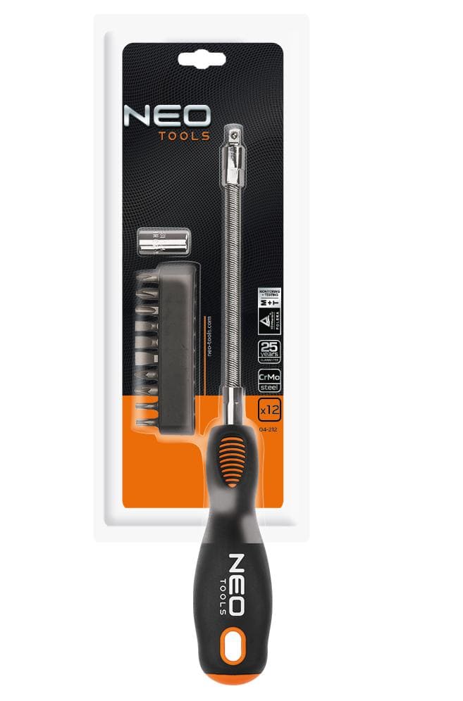 Böjbar skruvmejsel med 10 bits, platta, stjärn, TORX, PZ, magnetiska bits, ergonomiskt grepp, CrMo, NEO Tools - 2