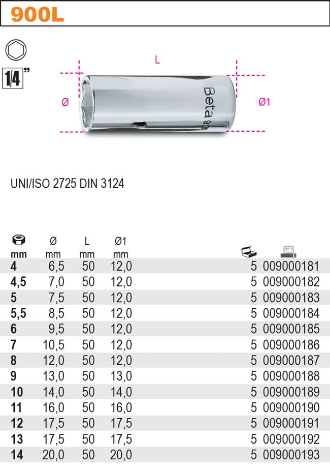 Långa Hylsor Sexkant 1/44-14 mm Förkromade, Sats 13st, BETA Tools - 2