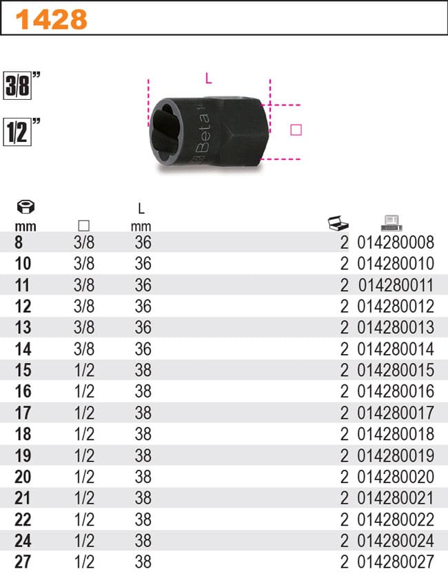 Skärande Hylsats 8–19 mm 3/8 & 1/211 delar, för Skadade Muttrar, BETA Tools - 3