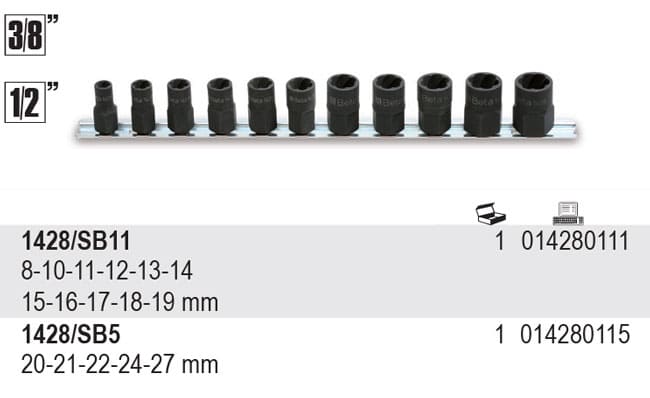 Skärande Hylsats 8–19 mm 3/8 & 1/211 delar, för Skadade Muttrar, BETA Tools - 2