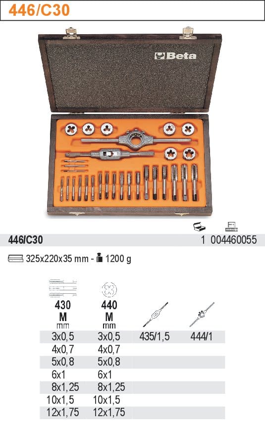 Gängsats M3 x 0, 5–M12 x 1, 75 mm, Gängtappar, Gängsnitt, Svängjärn, CrV Stål, Metrisk, Träbox, BETA Tools - 2