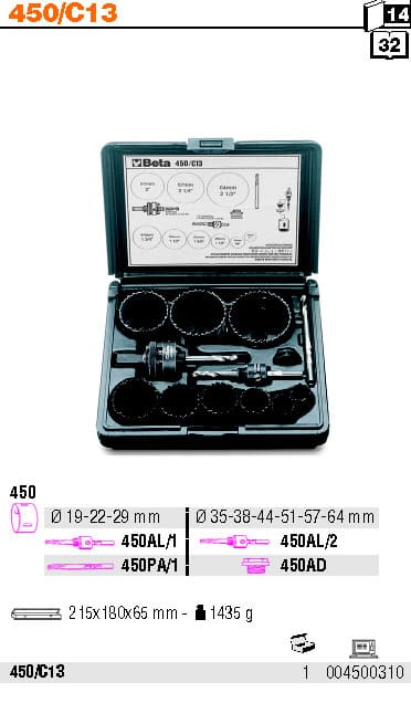 Hålsågsats 13 Delar HSS Bi-Metall 19-64 mm, Centrumborr Adapter Plastbox, BETA Tools - 2