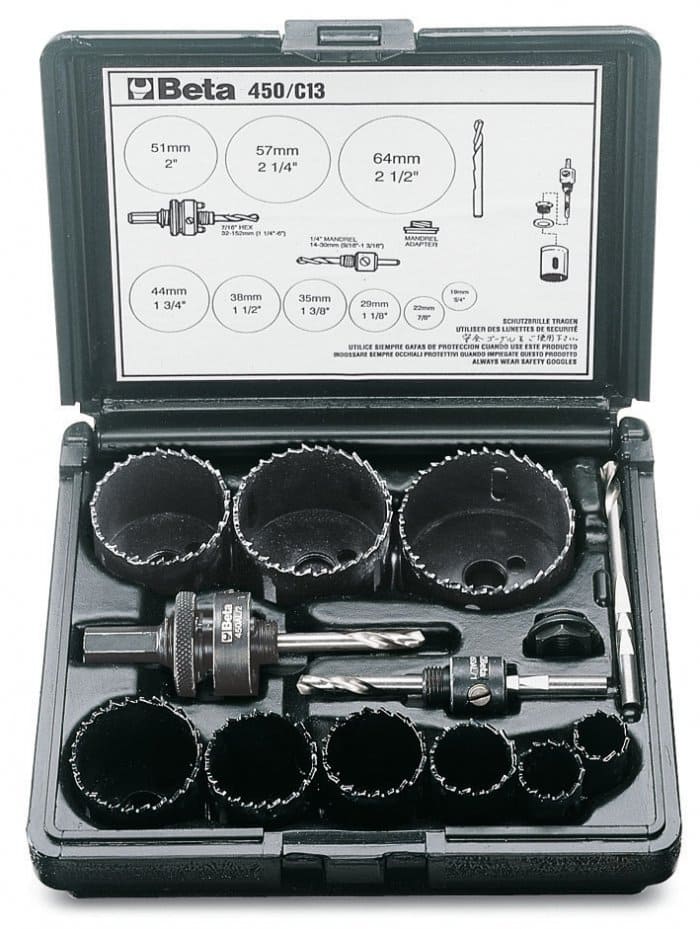 Hålsågsats 13 Delar HSS Bi-Metall 19-64 mm, Centrumborr Adapter Plastbox, BETA Tools