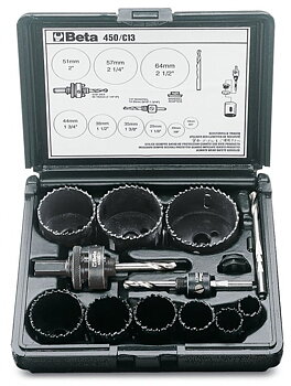 Hålsågsats 13 Delar HSS Bi-Metall 19-64 mm, Centrumborr Adapter Plastbox, BETA Tools