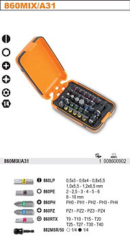 BETA TOOLS Bitssats Färgkodade 30 Delar, Magnetiskt Skruvhandtag, Plastask, BETA