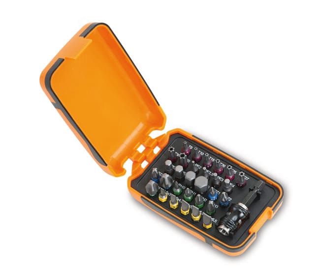BETA TOOLS Bitssats Färgkodade 30 Delar, Magnetiskt Skruvhandtag, Plastask, BETA