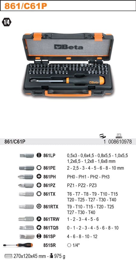 BETA TOOLS Bitssats 61 Delar 1/4 Magnetiskt Skruvhandtag Snabbfäste Plastask, BETA - 2