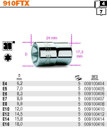BETA TOOLS Hylssats TORX E4-E16, 9 Delar 26 mm Höga Kromade, BETA - 3