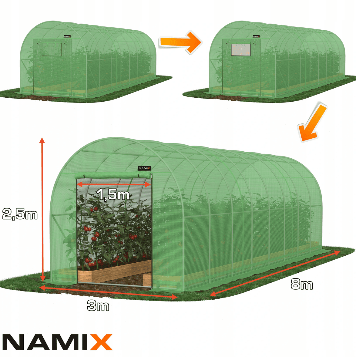 Plastväxthus för året runt utomhusbruk, tunnelväxthus, 2.5m eller 2m högt , 7-30kvm, stål, Namix Greenhouse - 6