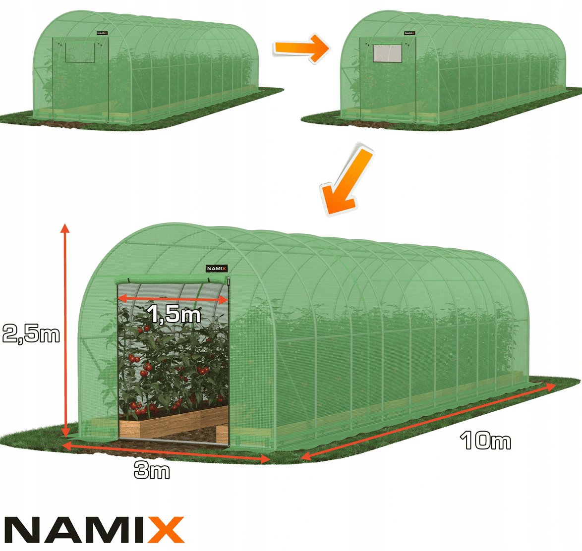 Plastväxthus för året runt utomhusbruk, tunnelväxthus, 2.5m eller 2m högt , 7-30kvm, stål, Namix Greenhouse - 9
