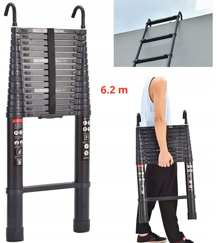Teleskopstege 290-620 cm, kompakt utfällbart stege, aluminium, max 150 kg, CE - 13